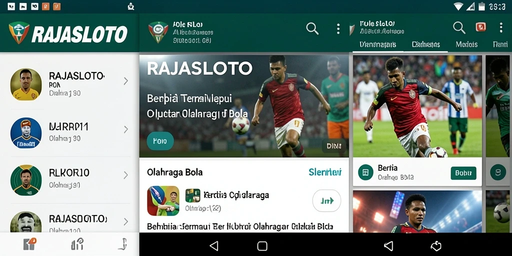 Antarmuka aplikasi RAJASLOTO dengan berita olahraga bola terkini.